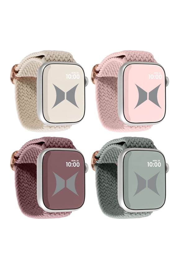 Unisex Smart Watch Nylon Braided Elastic Band 4-Pack, Small, Breathable, Adjustable, 38/40/41mm, Compatible with Apple Watch, For Women/Men, Starlight/Nude Pink/Smoke Violet/Cactus