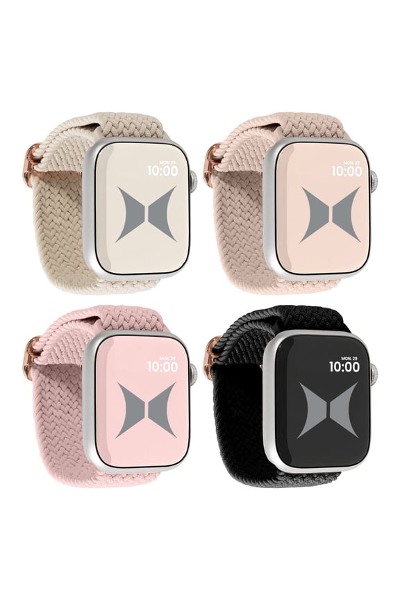 Unisex Smart Watch Nylon Braided Elastic Band 4 Pack – Small Size, Breathable, Adjustable, 38/40/41 mm, Compatible with Apple Watch, For Women/Men, Milk Tea, Starlight, Nude Pink, Blue Gray