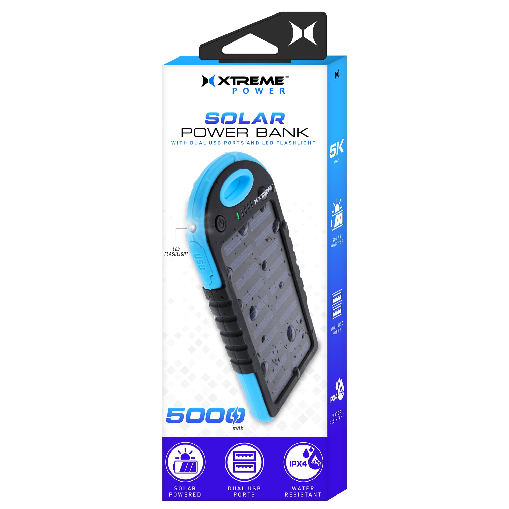 Xtreme 5000mAH External Blue Solar Panel Battery Bank, Weatherproof