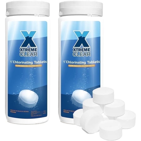 XtremeClear 2-Pack 1" Chlorine Tabs, Long-Lasting Stabilized, Swimming Pool, Hot Tubs & Spa, Small Pool Sanitizer - Slow Dissolving Tablet, 1.5 lbs