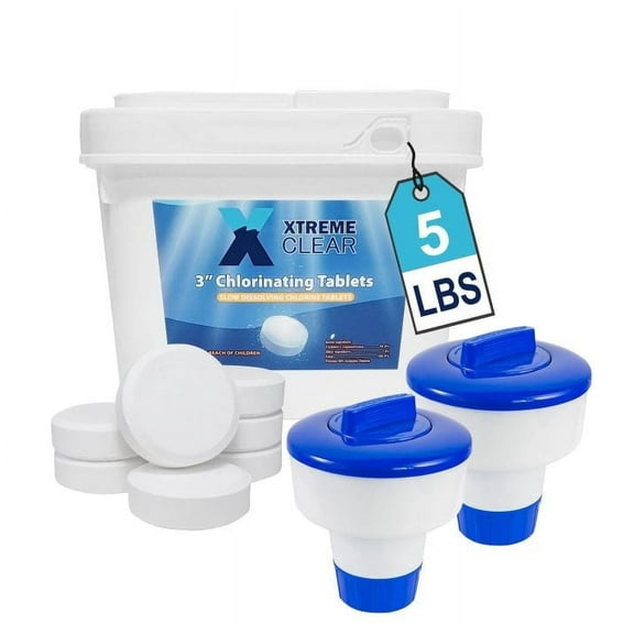 XtremeClear 3" Stabilized Chlorine Tablets for Sanitizing Swimming Pools With 2 Dispeners, - Individually Wrapped, Slow Dissolving - 90% Chlorine - Tri Chlor - 5LB