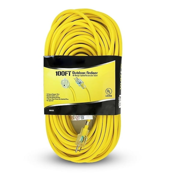 Stark USA 100ft Outdoor Extension Cord, 12/3 SJTW, Heavy Duty 3 Prong, Lighted End, 15 Amp
