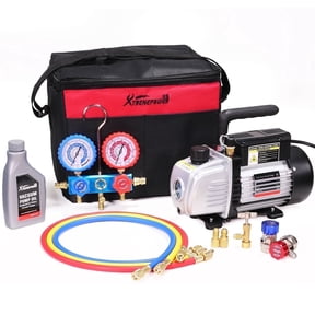 XtremepowerUS 3.5 CFM HVAC Vacuum Pump & Manifold Gauge Set, 1/4 HP AC Refrigeration Service Kit for R134a R22 R410A R12 with 60-Inch Hoses, Adapters & Carrying Bag