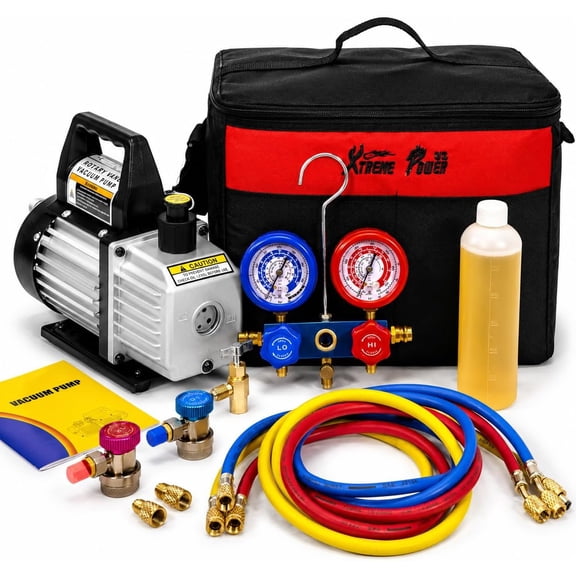 XtremepowerUS 3 CFM AC Vacuum Pump Kit, 110V 1/4 HP Rotary Vane HVAC Pump with Manifold Gauge Set & 60" Hoses for R12 R22 R134a R410A