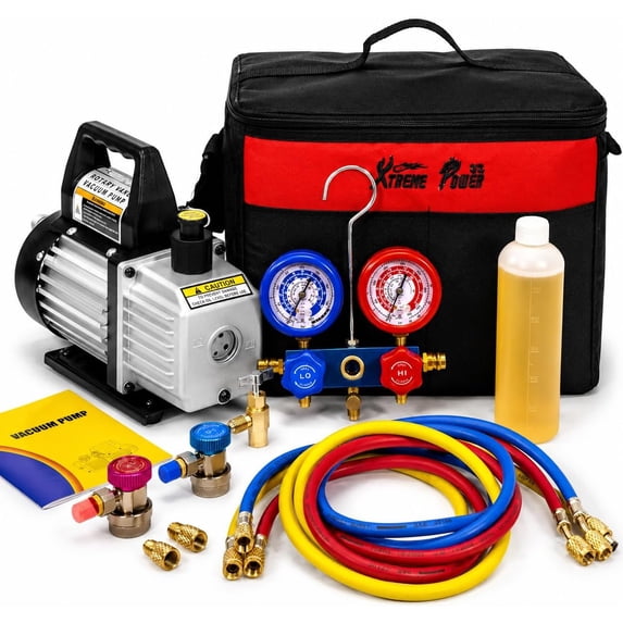 XtremepowerUS 3 CFM AC Vacuum Pump Kit, 110V 1/4 HP Rotary Vane HVAC Pump with Manifold Gauge Set & 60" Hoses for R12 R22 R134a R410A