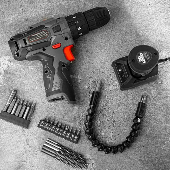 XtremepowerUS 12V Cordless Drill Set Power Drill Screwdriver Kit, Li-Ion Battery W/ 1 Hour Quick Charge, & 24pc Assorted Bits & Flexible Shaft, Battery, Charger & Carrying Case