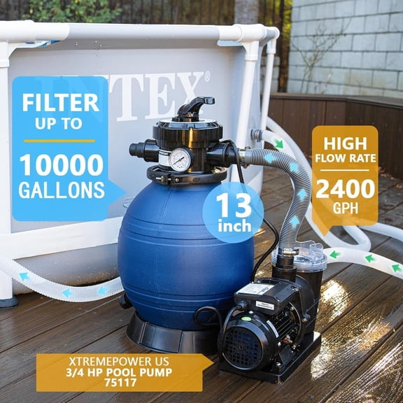 XtremepowerUS 13" Sand Filter Pump, 2400 GPH 3/4 HP Dual-Speed Pool Pump & Filter System with 7-Way Valve for Above Ground Pools Up to 10,000 Gallons