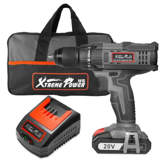 XtremepowerUS 20V Cordless Drill/Driver Kit, Compact, 18+1 Adjustable Torque Settings, With Battery, Charger & Carrying Bag