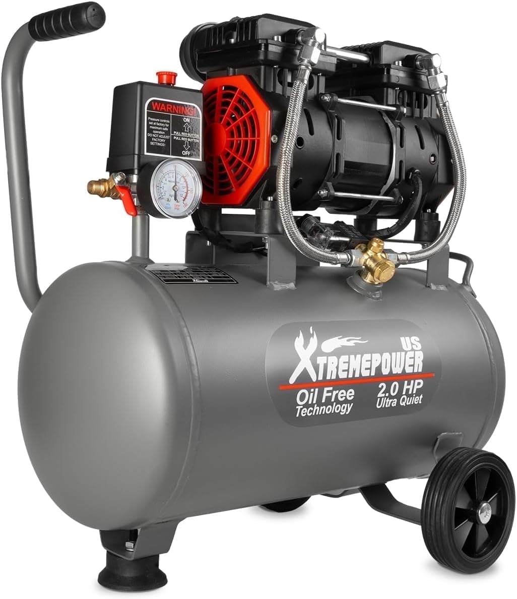 XtremepowerUS 7 Gallon Ultra Quiet Air Compressor, 2HP Oil-Free Air Compressor Tank, 65dB Air Compressor For Car Repair, Spray Painting, Woodwork Nailing, 110V/60hz