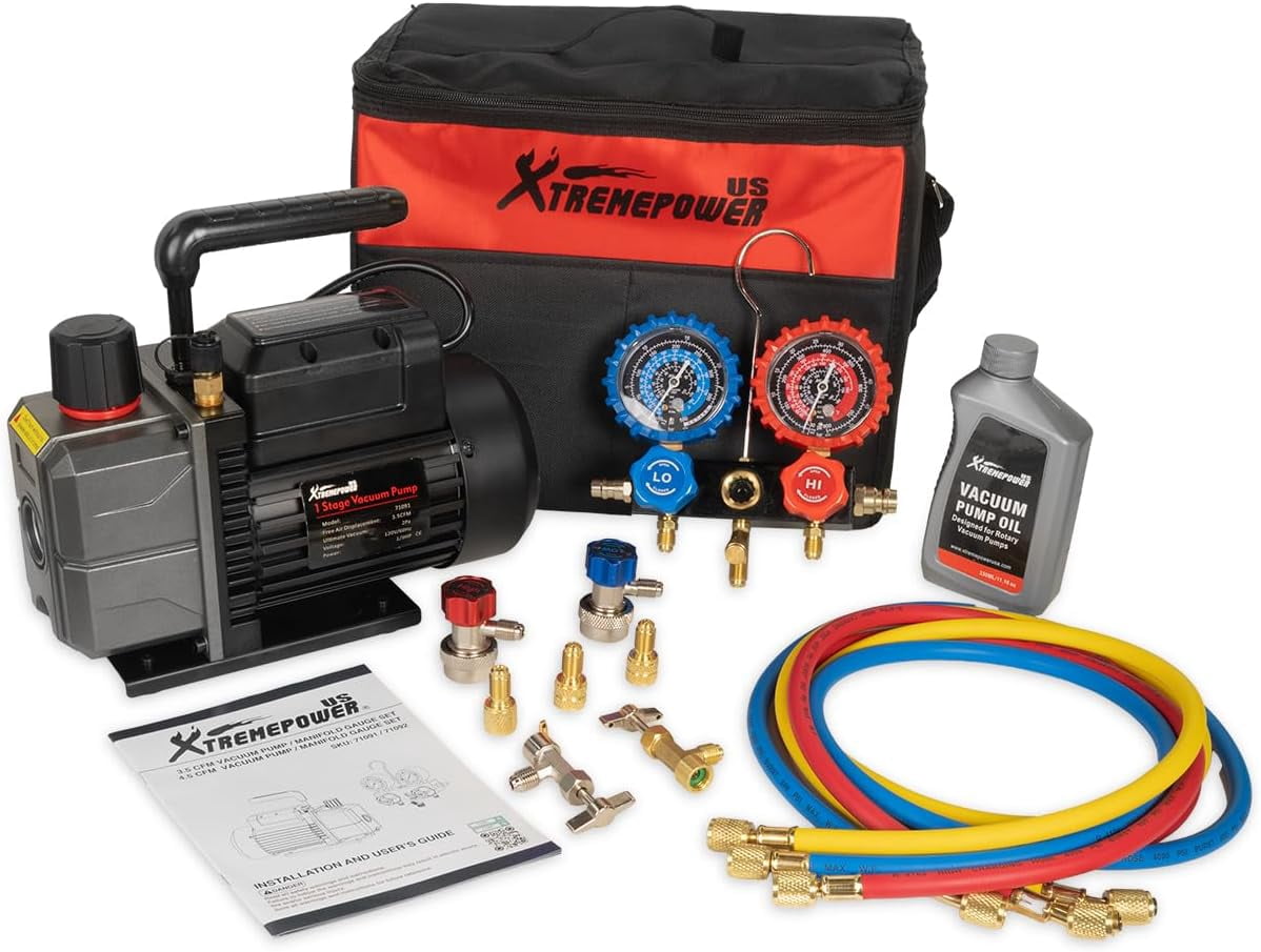 XtremepowerUS 3.5 CFM Vacuum Pump & Manifold Gauge Set, 1/3 HP HVAC Refrigerant Service Kit with Hoses & Can Tap