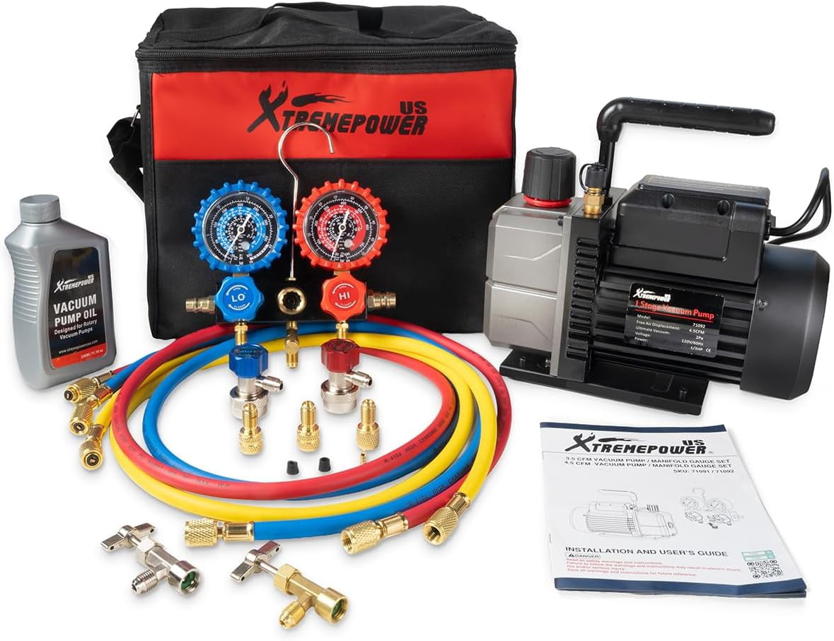 XtremepowerUS 4.5 CFM Vacuum Pump & Manifold Gauge Set, 1/3 HP HVAC Refrigerant Service Kit with Hoses & Can Taps