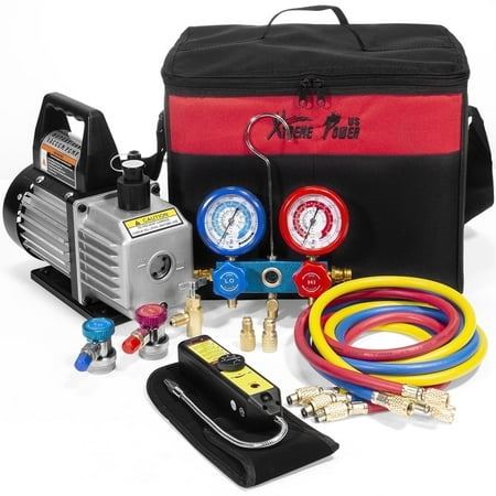 XtremepowerUS 110V 1/3HP 4CFM Rotary Vane HVAC Vacuum Pump & AC Manifold Gauge Set With Leak Detector, R134a, R12, R22, R502, R410a AC Refrigeration Kit