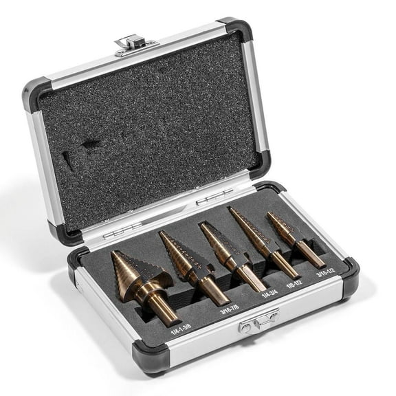 Stark USA 5PC HSS Titanium Step Drill Bit Set, 50 Sizes in 5 High Speed Steel Unibit Drill Bits Set for Sheet Metal with Aluminum Case, Multiple Hole Stepped Up Bits for DIY Lovers
