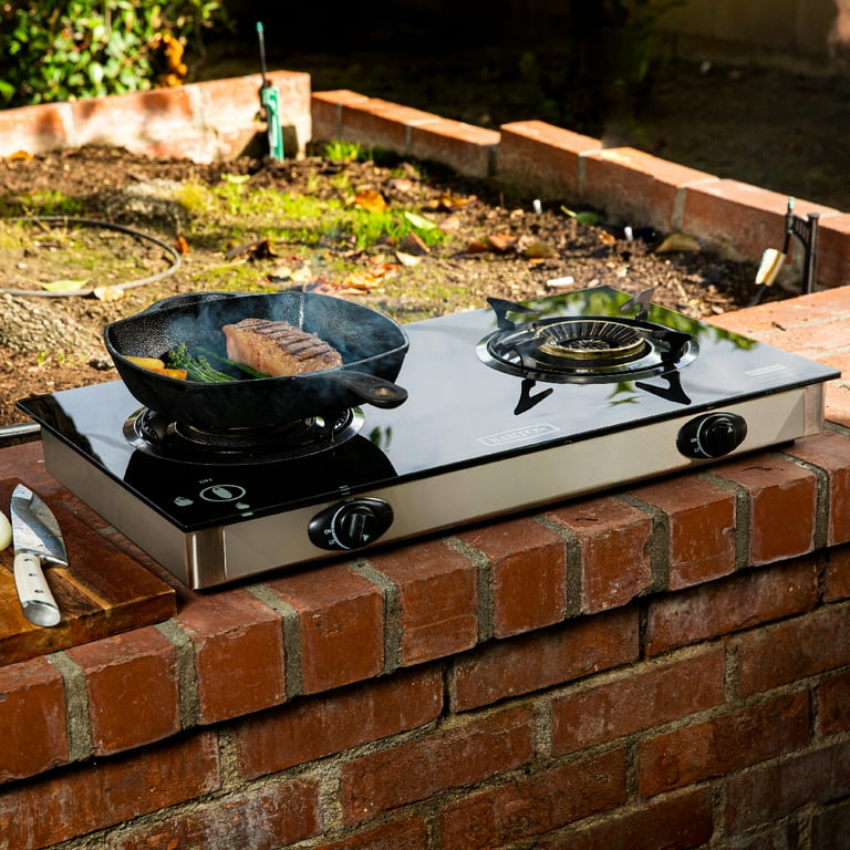 XtremepowerUS Deluxe 2 Burner Stove Brass Tempered Ignition LPG with Regulator Gasoline Gas Range Propane Fuel