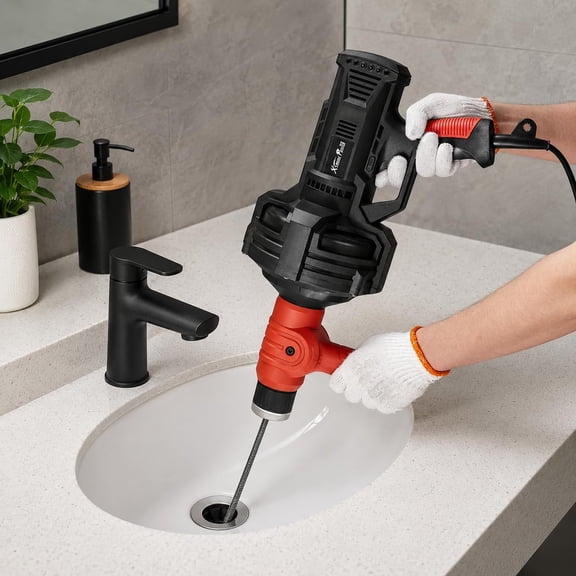 XtremepowerUS 25 Ft Electric Drain Auger Snake, Auto Feed Handheld Drain Cleaner with 1/4" Cable, Variable Speed & Forward/Reverse for 3/4"–2" Pipes