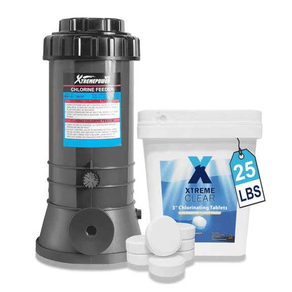 XtremepowerUS CL220 Off-Line Automatic Chlorine/Bromine Feeder for Above Ground Pools & In-Ground Pools Dispenser, 9LB Capacity W/ 25lb Bucket Of Chlorine Tablets