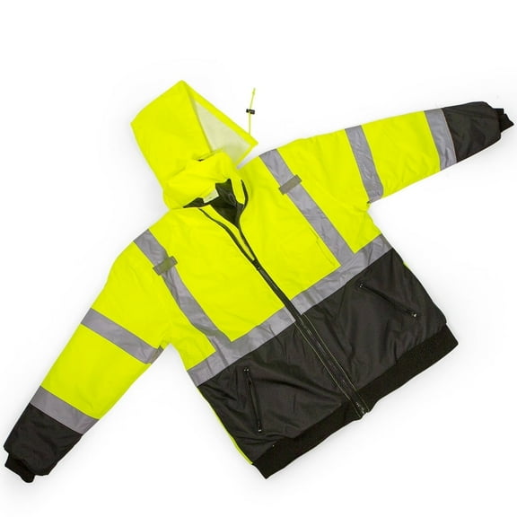 Stark USA Hi Vis Safety Bomber for Men - Waterproof, Reflective ANSI Class 3 Winter Rain Jacket with Detachable Hood, X-Large