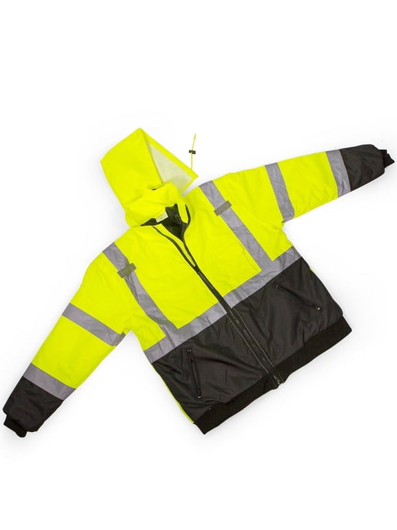 Men's Hi-Vis Safety Bomber Jacket, ANSI Class 3 Waterproof Reflective Winter Work Jacket with Hood, Neon Yellow/Black, XL