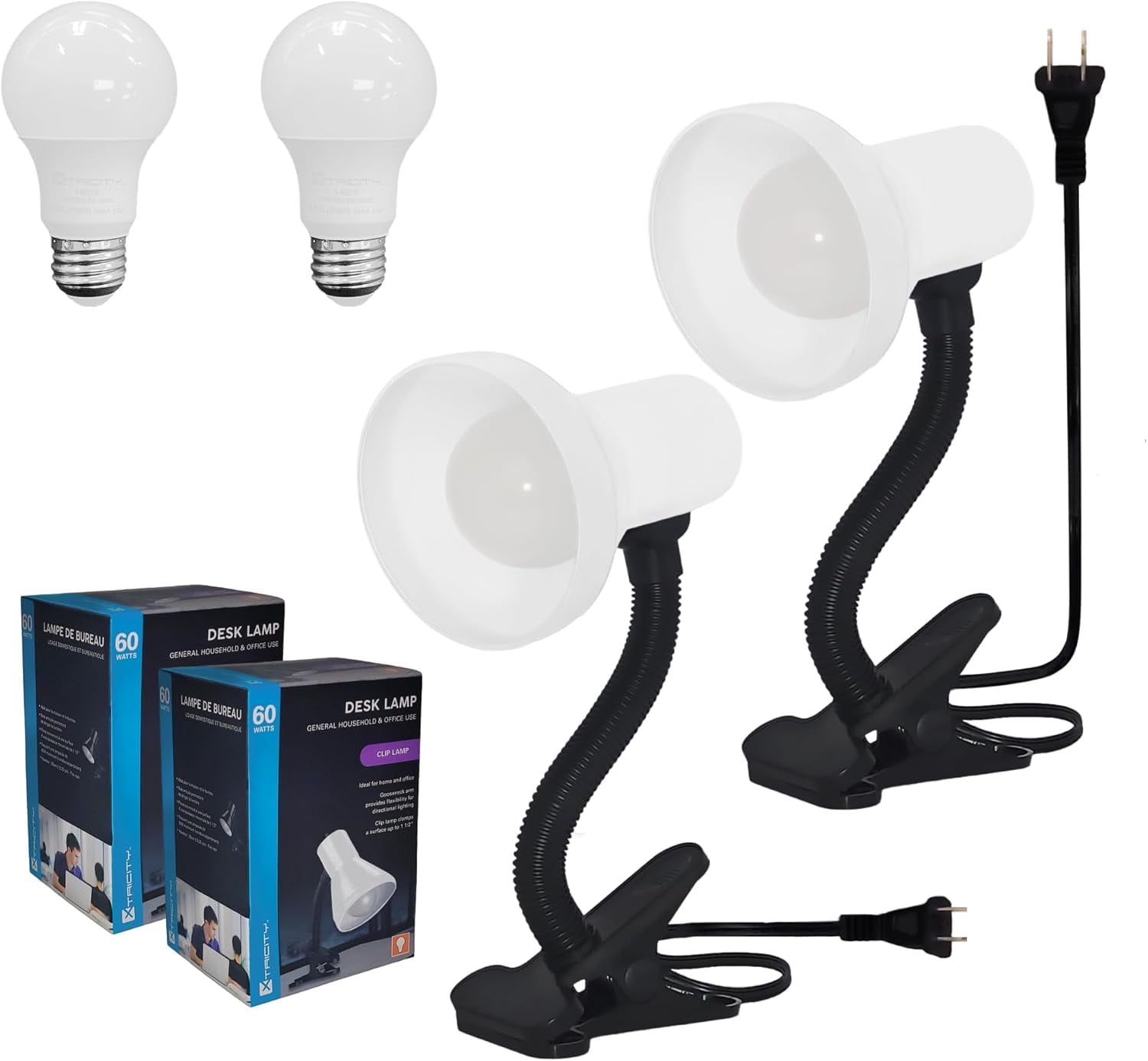 Xtricity Clip on Desk Lamp with 6W A19 LED Bulb Included, 120 Volt, 10.25 Inches, White (2 Pack)
