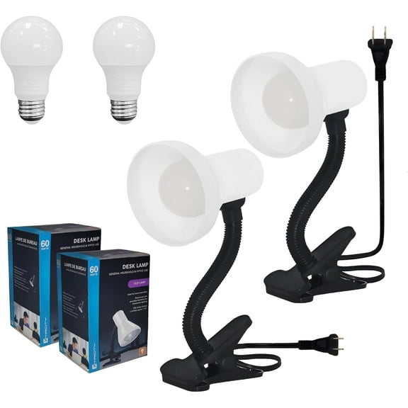 Xtricity Clip on Desk Lamp with 6W A19 LED Bulb Included, 120 Volt, 10.25 Inches, White (2 Pack)