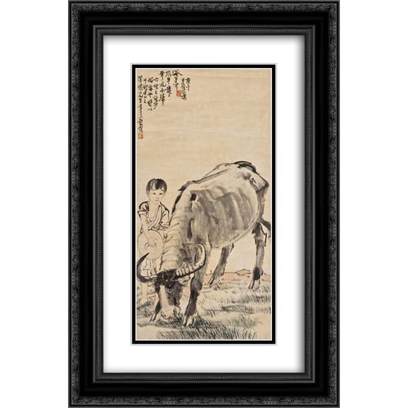 Xu Beihong 2x Matted 16x24 Black Ornate Framed Art Print 'Buffalo and the Herd Boy'