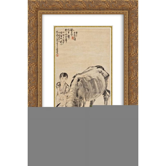 Xu Beihong 2x Matted 16x24 Gold Ornate Framed Art Print 'Buffalo and the Herd Boy'