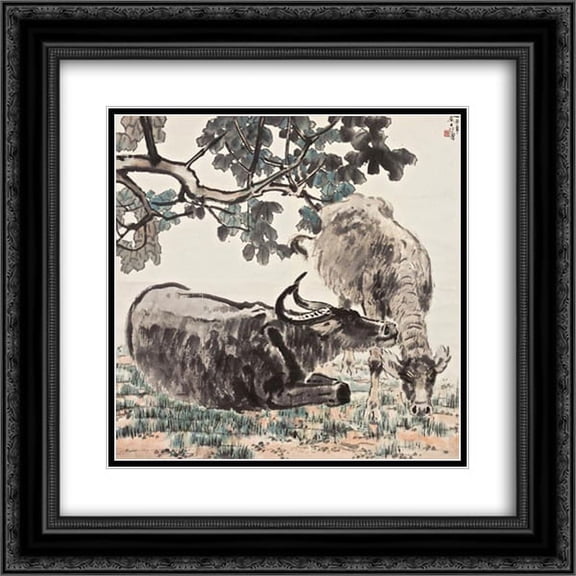 Xu Beihong 2x Matted 20x20 Black Ornate Framed Art Print 'Buffaloes'