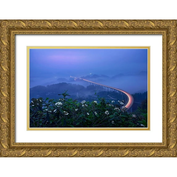 Xu, Mei 24x17 Gold Ornate Wood Framed with Double Matting Museum Art Print Titled - Bridge In Blue Hour