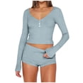 thumbnail image 1 of XuJwPNcy 2 Piece Pajama Sets for Women Ribbed Knit Sleepwear V Neck Long Sleeve Crop Top and Shorts Lounge Set, 1 of 4