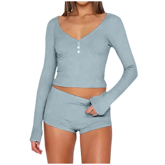 XuJwPNcy 2 Piece Pajama Sets for Women Ribbed Knit Sleepwear V Neck Long Sleeve Crop Top and Shorts Lounge Set