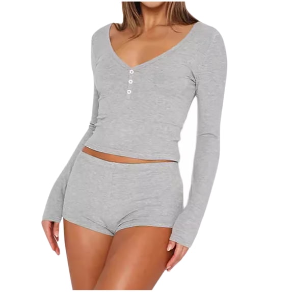XuJwPNcy 2 Piece Pajama Sets for Women Ribbed Knit Sleepwear V Neck Long Sleeve Crop Top and Shorts Lounge Set