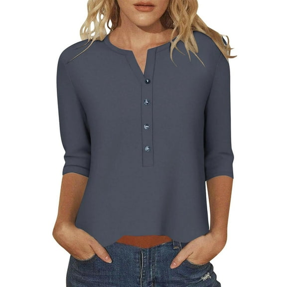 XuJwPNcy 3/4 Sleeve Shirts for Women Loose Button V Neck Tunic Henley Shirt Fall Casual Going out Tops Spring Fashion Clothes