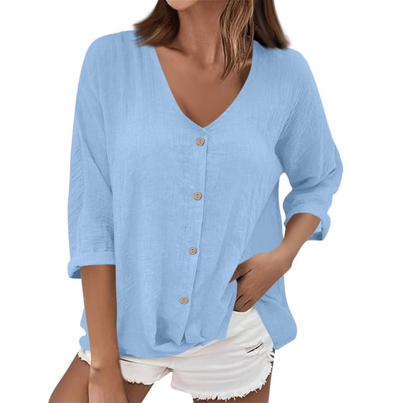 XuJwPNcy Button down Shirts for Women Casual Linen 3/4 Sleeve V Neck Blouses Solid Color Summer Beach Vacation Tops