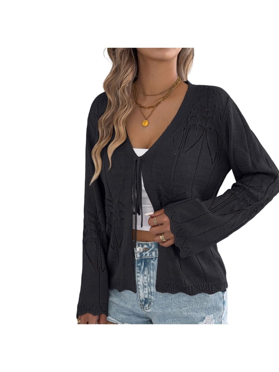 Cardigan Sweaters for Women V Neck Tie Hollow out Jackets Open Front Knitted Coats Comfort Soft Fall Clothes