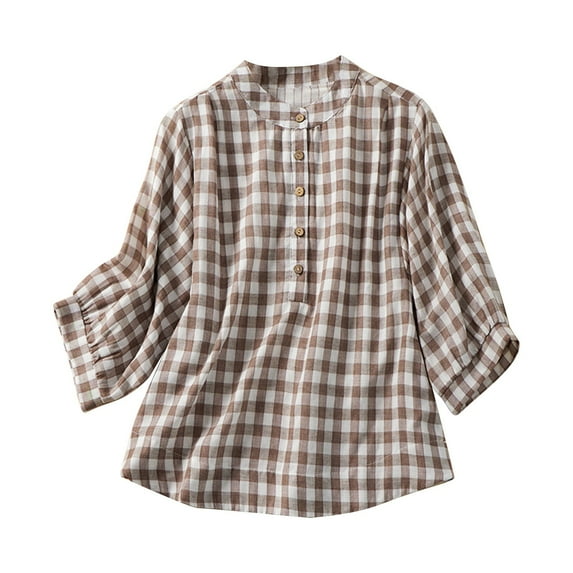 XuJwPNcy Cotton Linen Shirts for Women Casual Vintage Plaid Blouse Button down Long Sleeve Pullover Tops Womens Fall Clothes（Coffee,Medium)