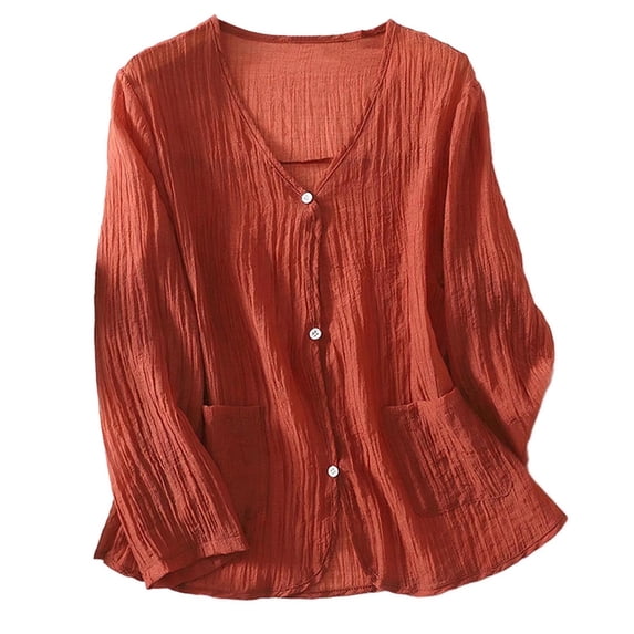 XuJwPNcy Cotton Linen Shirts for Women Lightweight Button down Shirts Casual Blouses Long Sleeve V Neck Tshirts with Pockets(Red,XX-Large)