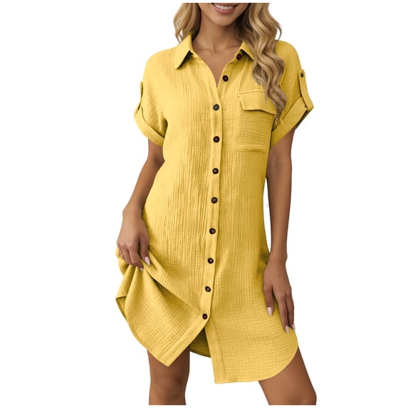 XuJwPNcy Dresses for Women Vintage Button Down Collared Dresses Summer Knee Length Tshirt Dress with Pocket Lounge Outfit
