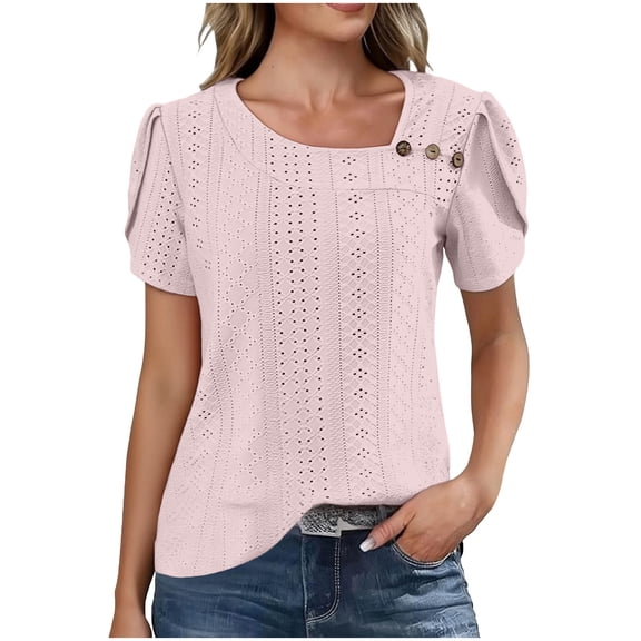XuJwPNcy Eyelet Tops for Women Summer Asymmetrical Neck Embroidered Shirts Short Sleeve Casual Vacation Blouses
