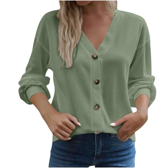 XuJwPNcy Fall Outfits for Women Trendy Button down V Neck Shirts Knitted Cardigan Tops Solid Color Long Sleeve Blouses