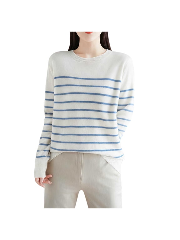 Fall Sweaters for Women Crew Neck Knit Striped Top Winter Warm Pullover Sweaters(Blue,Medium)