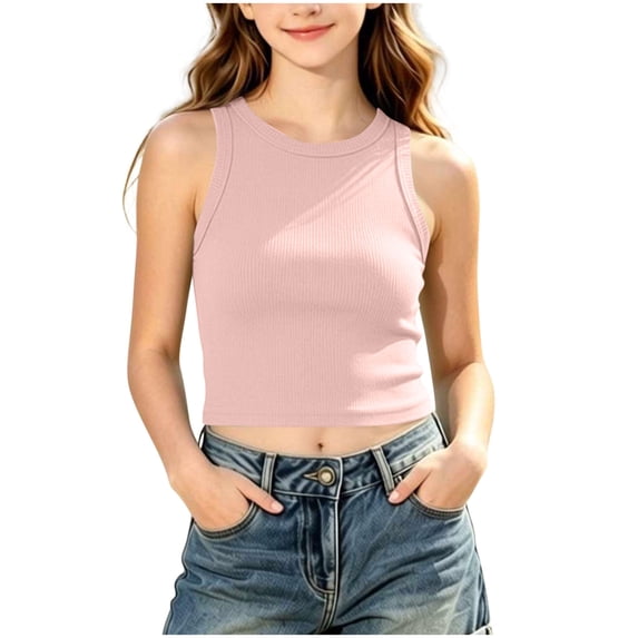 XuJwPNcy Girls Sleeveless Tank Tops Kids Fitted Crop Tops Summer Comfortable Ribbed Knit Tee Children Soft Casual Clothes