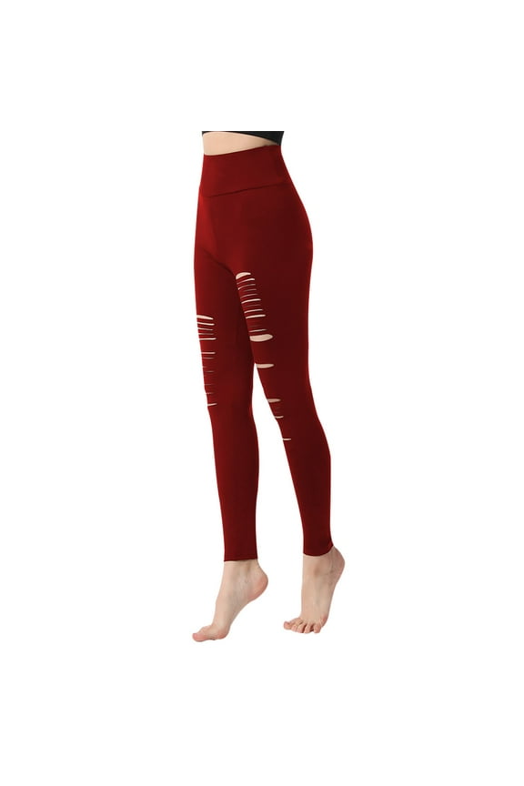 Leggings for Women High Waisted Cutout Ripped Yoga Pants No See Through Workout Running Tights Pants(Wine,Small)
