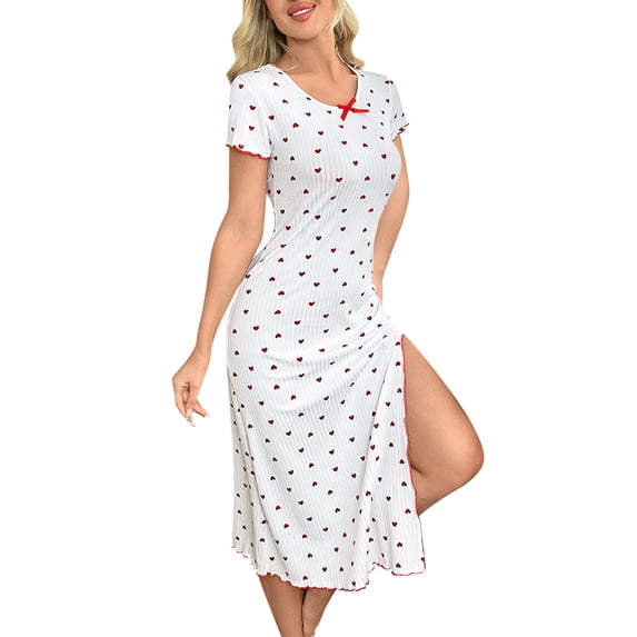 XuJwPNcy Long Nightgown for Women Valentine Lace Trim Sleepwear Short Sleeve Split Hem Lounge Dress Sleepwear