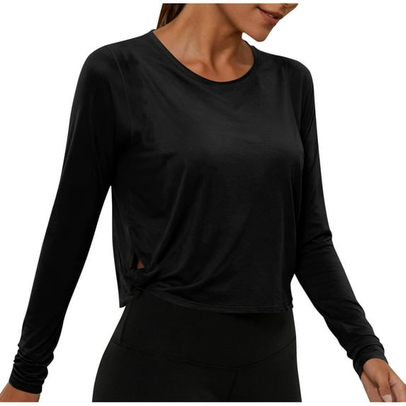 XuJwPNcy Long Sleeve Crop Tops for Women Workout Athletic Gym Shirts Cropped Crew Neck Running Shirt for Women(Black,Large)