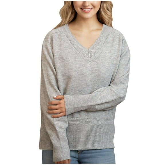 XuJwPNcy Long Sleeve Knit Tops for Women V Neck Sweater Casual Work Blouses Fall Loose Knit Pullover Sweater Tops