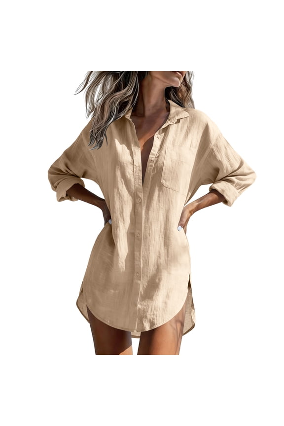Long Sleeve Shirt for Women Button Down Rolled Sleeve Lapel Tops with Side Split Pocket Basic Tunic Tees Summer Clothes