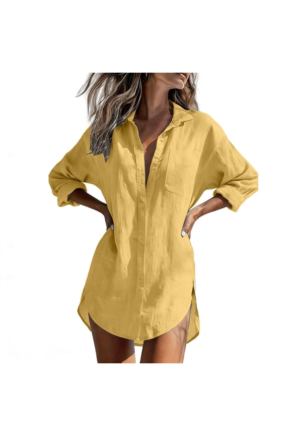 Long Sleeve Shirt for Women Button Down Rolled Sleeve Lapel Tops with Side Split Pocket Basic Tunic Tees Summer Clothes