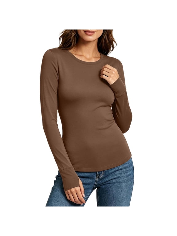 Long Sleeve Shirts for Women Basic Crew Neck Thermal T Shirts Classic Slim Fit Base Layer Tees Lightweight Going out Tops(Coffee,XX-Large)