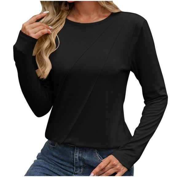 XuJwPNcy Long Sleeve Shirts for Women Dressy Tops Pleated Fitted T Shirt Loose Fit Crew Neck Spring Clothes