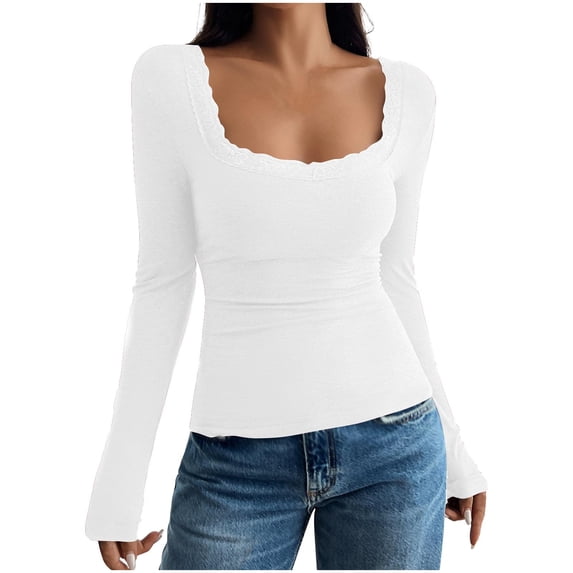 XuJwPNcy Long Sleeve Shirts for Women Square Neck Lace Trim Slim Fit Outfits Fashion Ribbed Knit Tops Womens Fall Clothes
